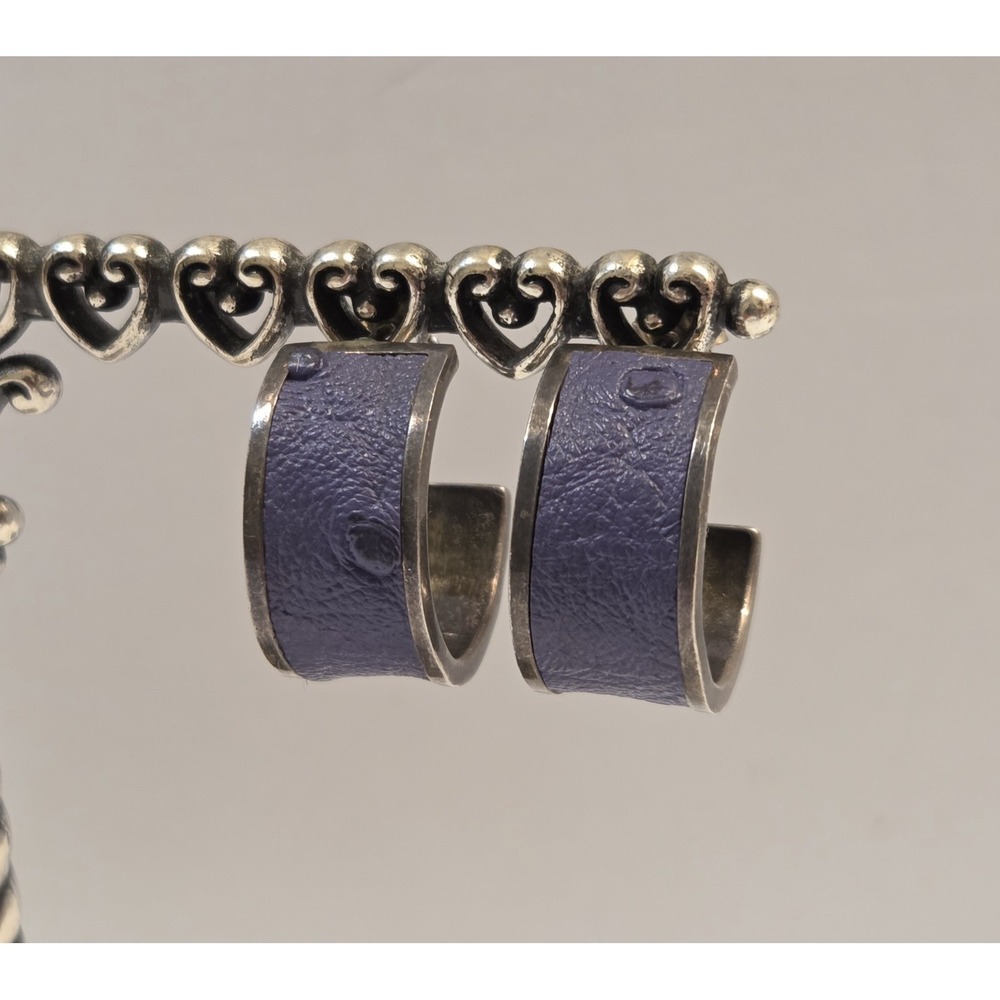 Unique Vintage‎ Sterling Silver Purple Ostrich Leather Wide Hoop Earrings